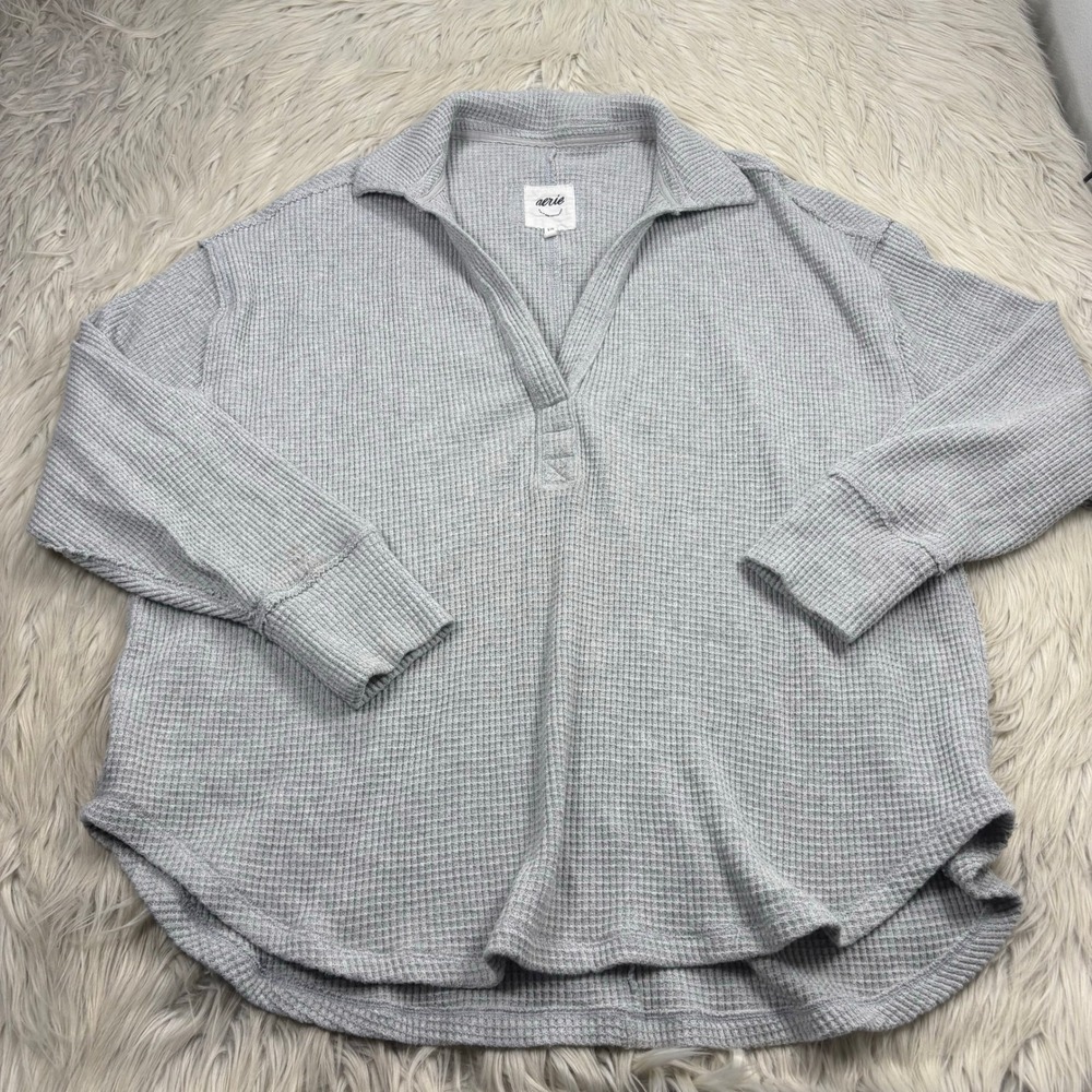 Aerie Women's L Gray LumberJane Oversized Waffle Polo Sweatshirt Lounge Cozycore